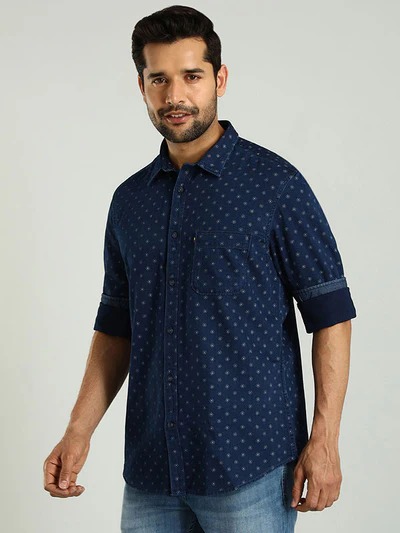Indian Terrain Men's Regular Fit Full Sleeve Printed Dark Blue Shirt